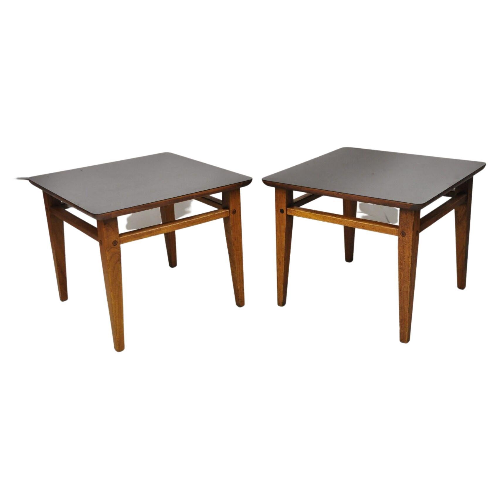 Lane Mid-Century Modern Walnut Black Laminate Top Low Side End Tables, Pair