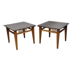 Lane Mid-Century Modern Walnut Black Laminate Top Low Side End Tables, Pair