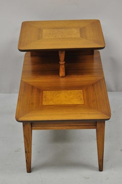 Lane Mid-Century Modern Walnut & Burl Wood Step Up Lamp Table Side End Table