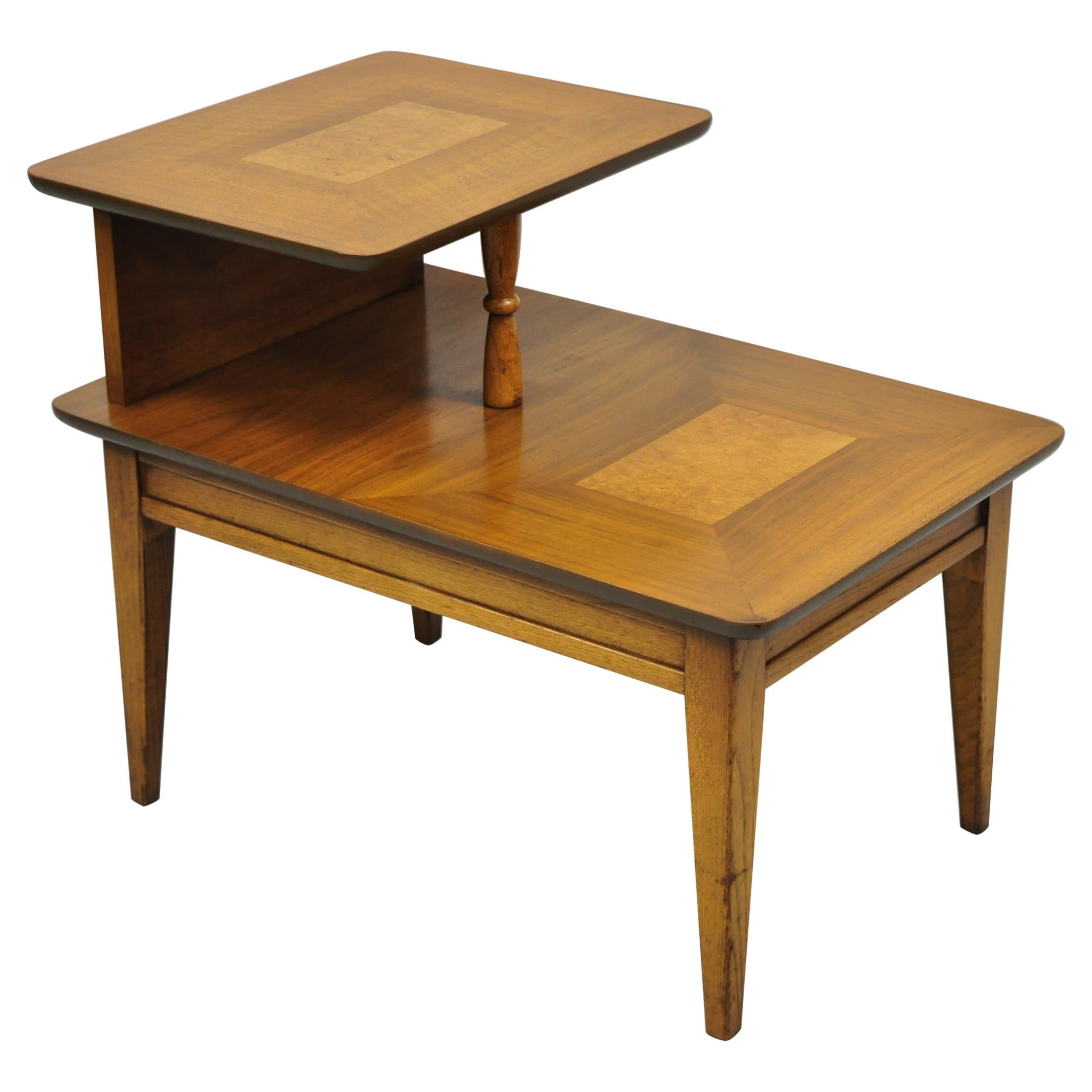 Lane Mid-Century Modern Walnut & Burl Wood Step Up Lamp Table Side End Table