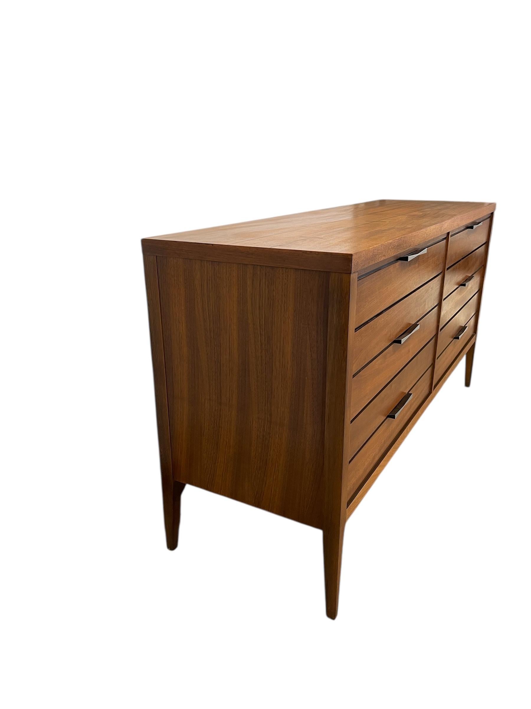 Mid-20th Century Lane Mid Century Modern Walnut Dresser - 6 Drawer Credenza with Butterfly Inlay For Sale