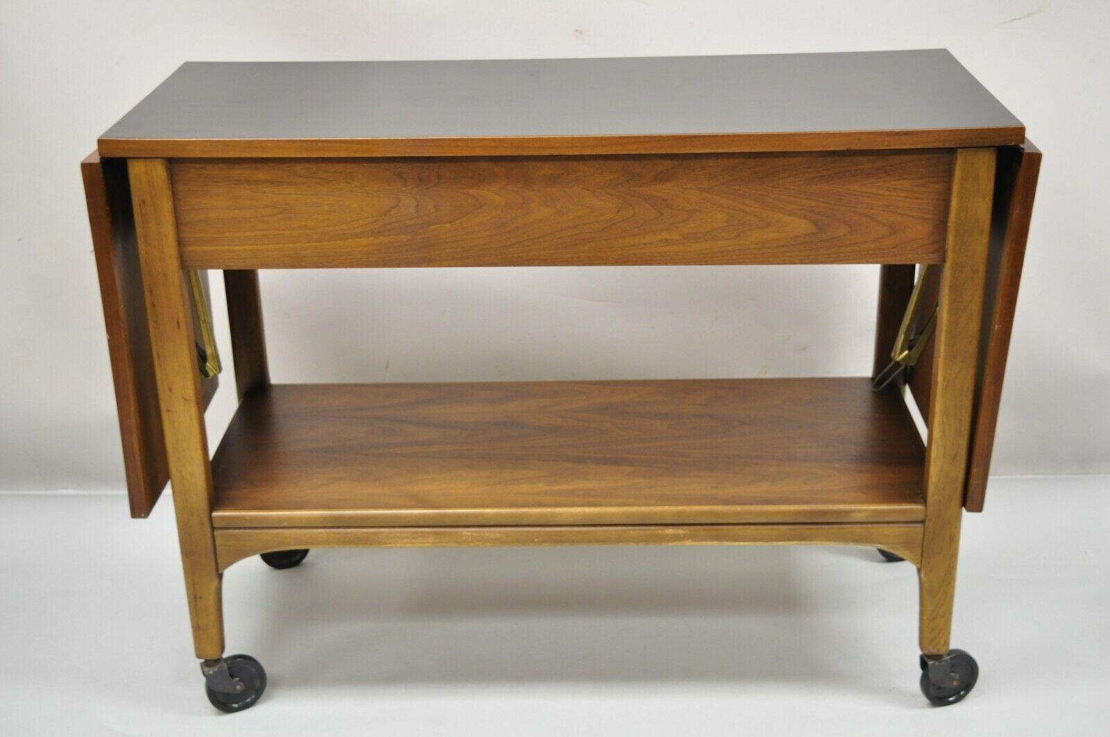 Lane Mid Century Modern Walnut Modern One Drawer Drop Leaf Rolling Bar Cart For Sale 1