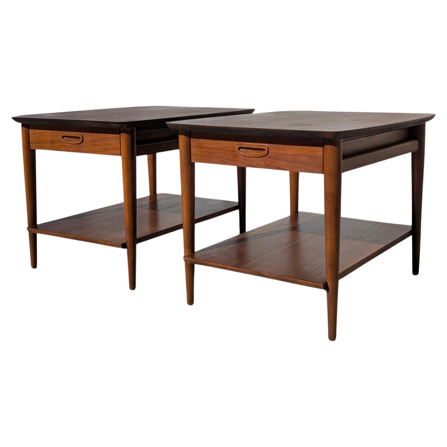 Lane Mid-Century Modern Walnut Nightstands with Lower Shelf, Pair