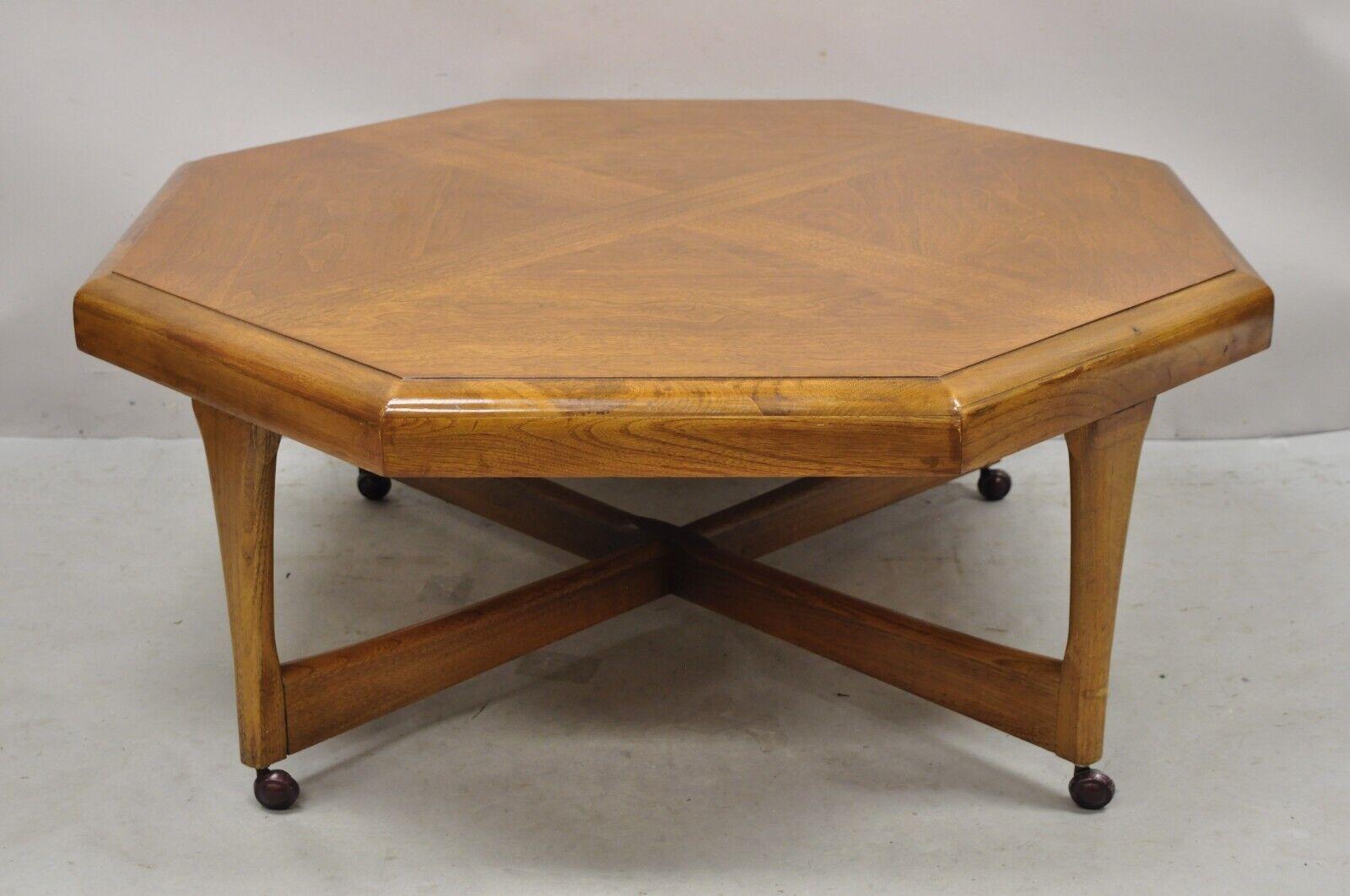 Lane Mid-Century Modern Walnut Octagonal Stretcher Base Coffee Table For Sale 5