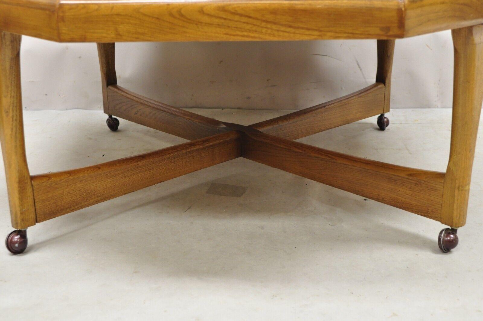 Lane Mid-Century Modern Walnut Octagonal Stretcher Base Coffee Table For Sale 1