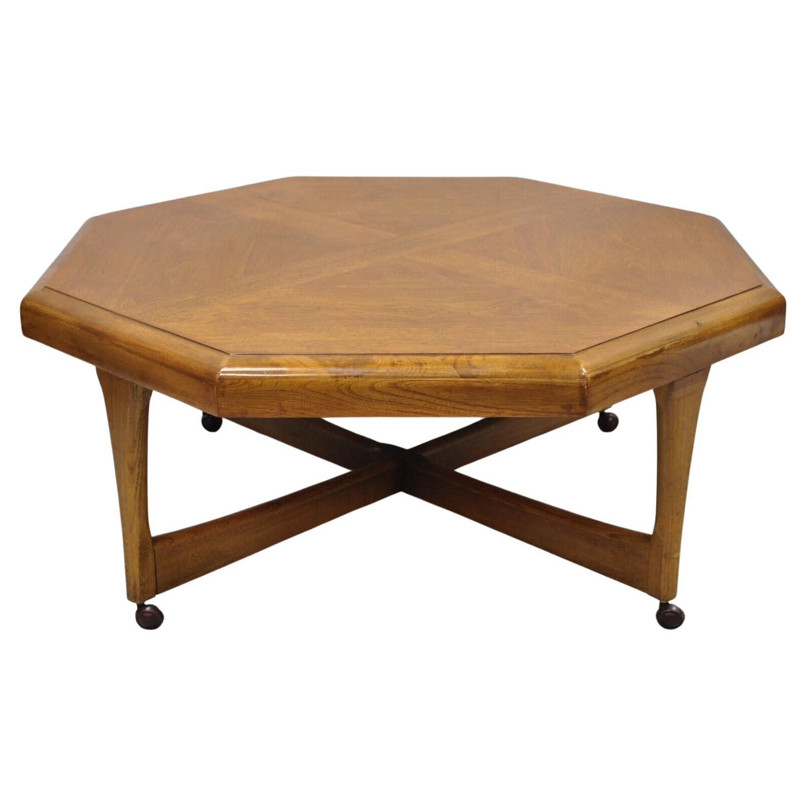 Lane Mid-Century Modern Walnut Octagonal Stretcher Base Coffee Table For Sale