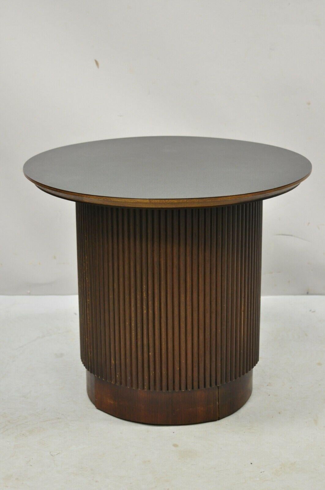 Lane Mid-Century Modern Walnut Round Black Laminate Top Drum Side Table 3