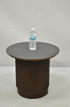 Lane Mid-Century Modern Walnut Round Black Laminate Top Drum Side Table