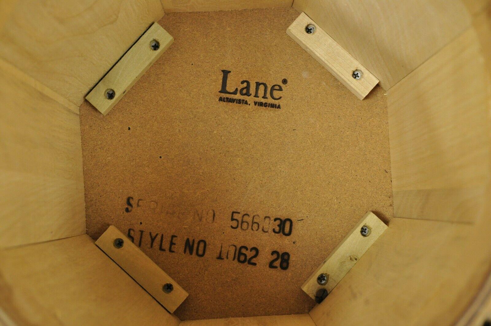 Lane Mid-Century Modern Walnut Round Black Laminate Top Drum Side Table In Good Condition In Philadelphia, PA