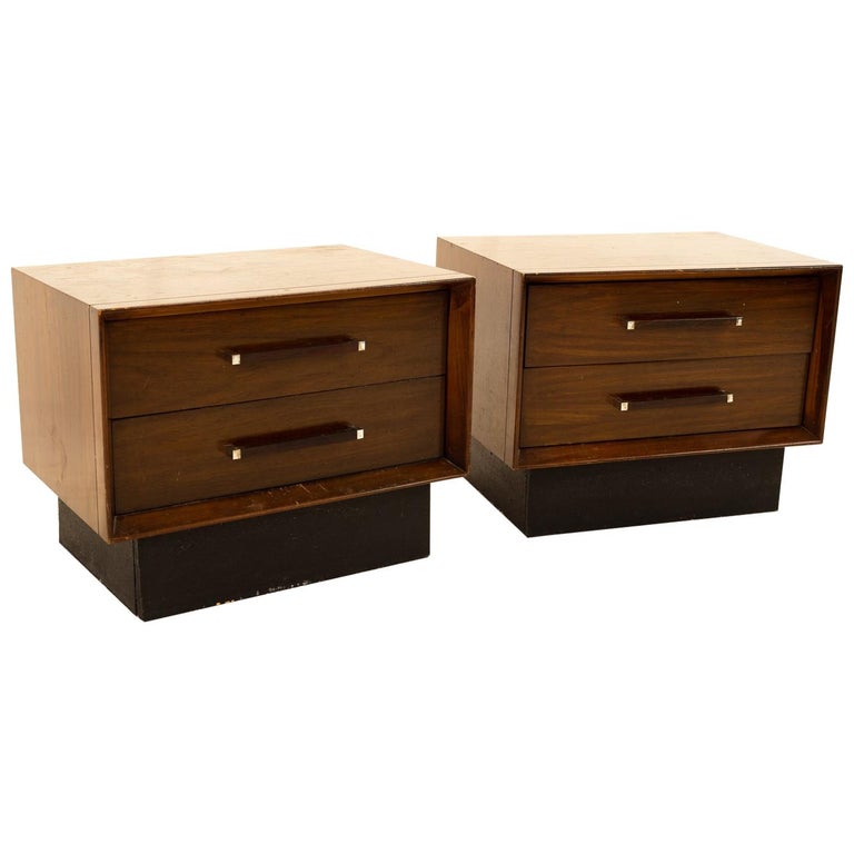 Lane Tower Suite Mid Century Walnut and Rosewood Nightstands Pair at