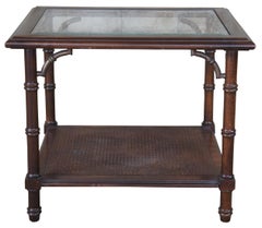 Lane Mid Century Walnut 2 Tier Chinese Chippendale Bamboo Glass Caned Side Table