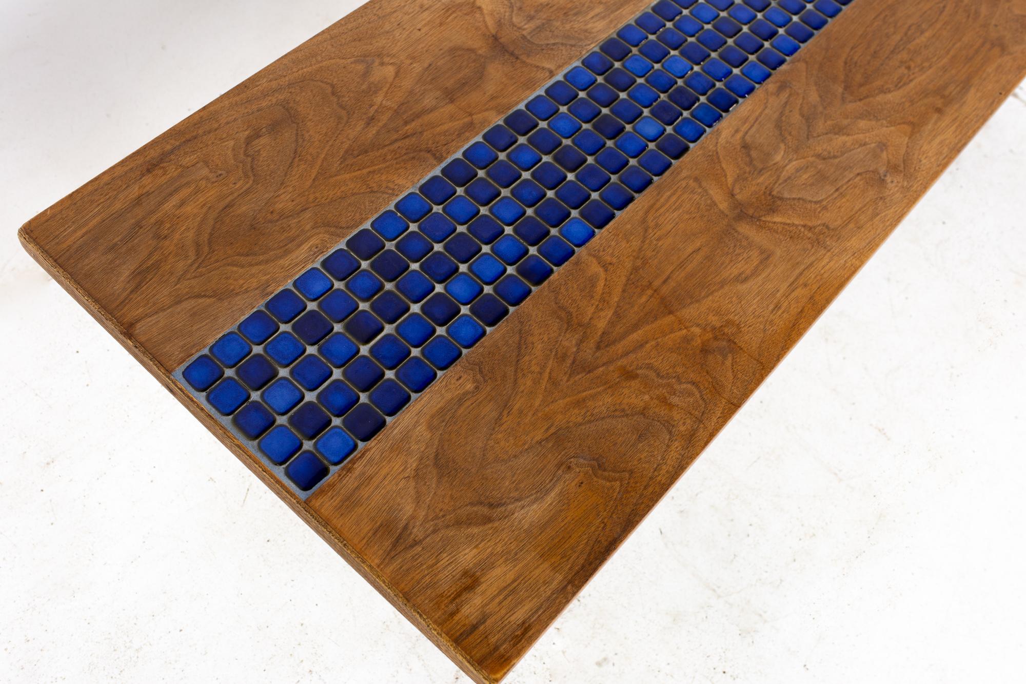 Lane Mid Century Walnut and Blue Mosaic Tile Coffee Table 1