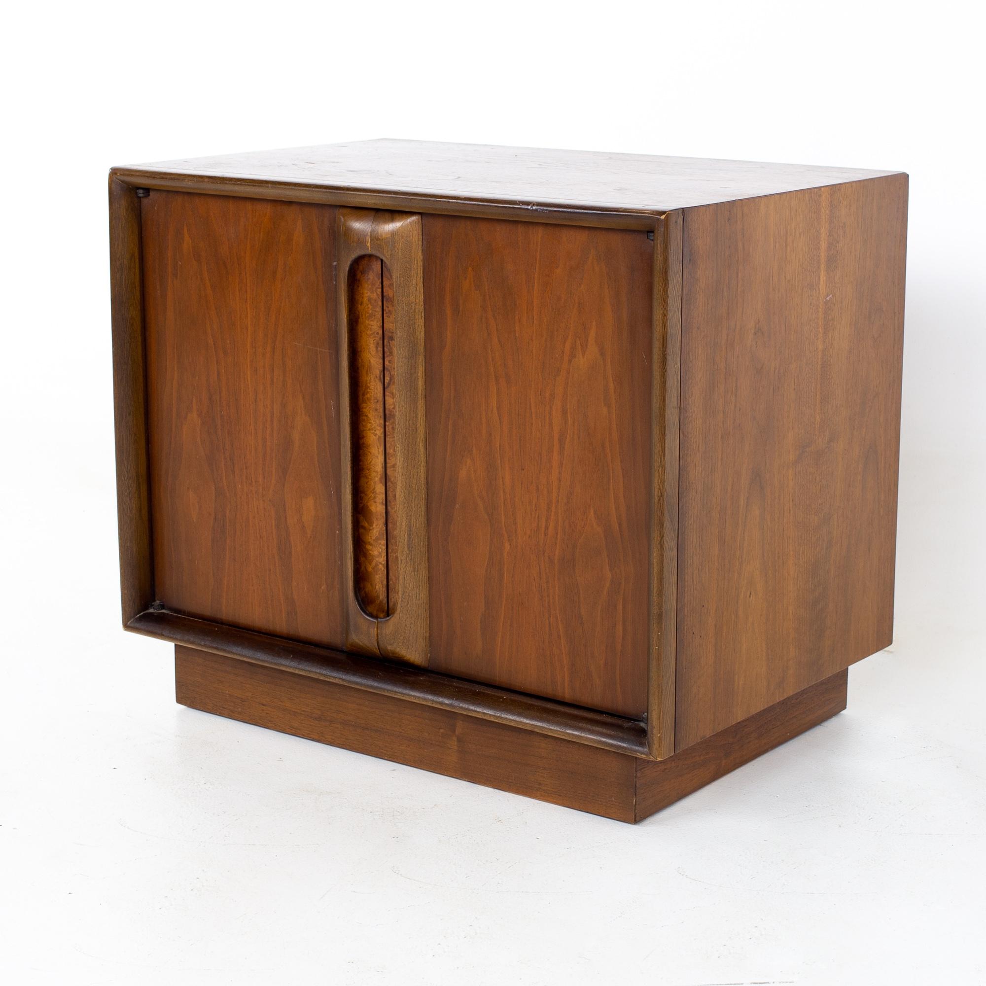 Lane mid century walnut and burlwood nightstand.
This nightstand measures: 26 wide x 17 deep x 22 inches high

All pieces of furniture can be had in what we call restored vintage condition. That means the piece is restored upon purchase so it’s