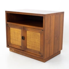 Lane Mid Century Walnut and Cane Plinth Base Nightstand