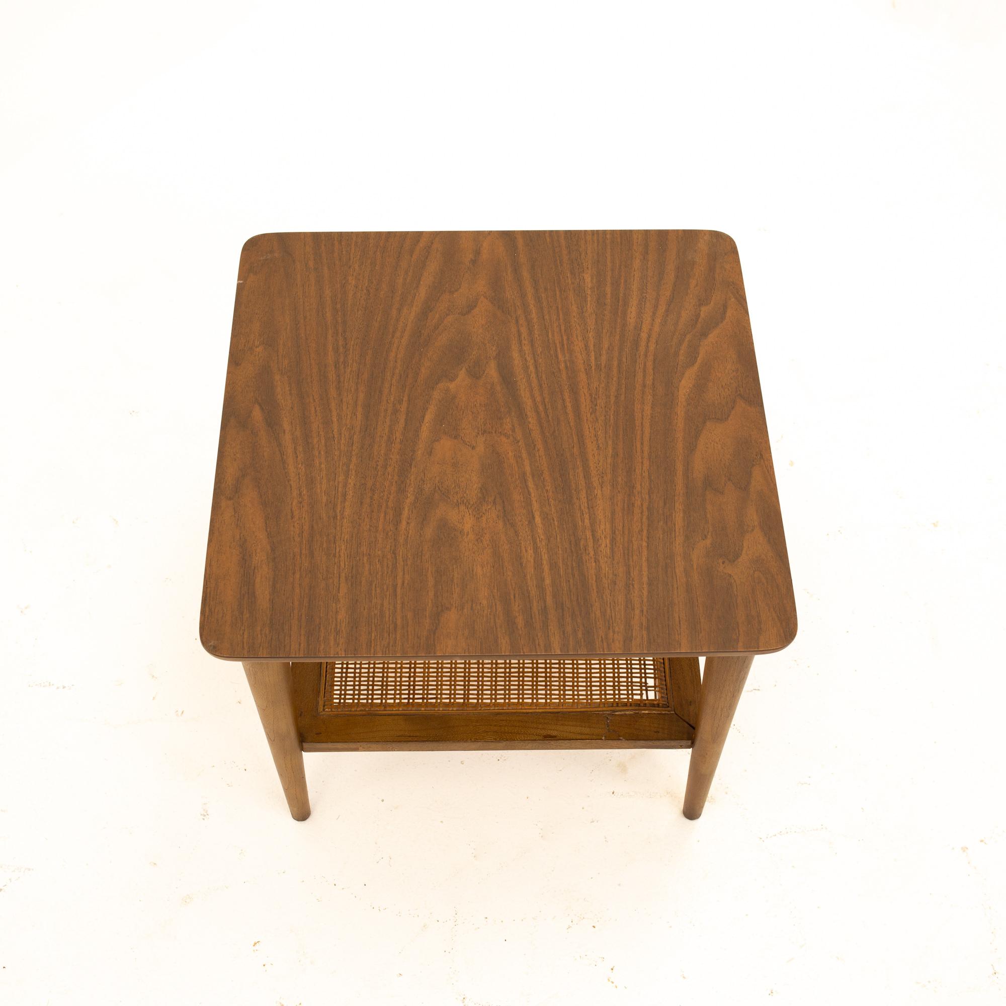 Lane Mid Century Walnut Cane and Formica Side End Tables, Pair 3