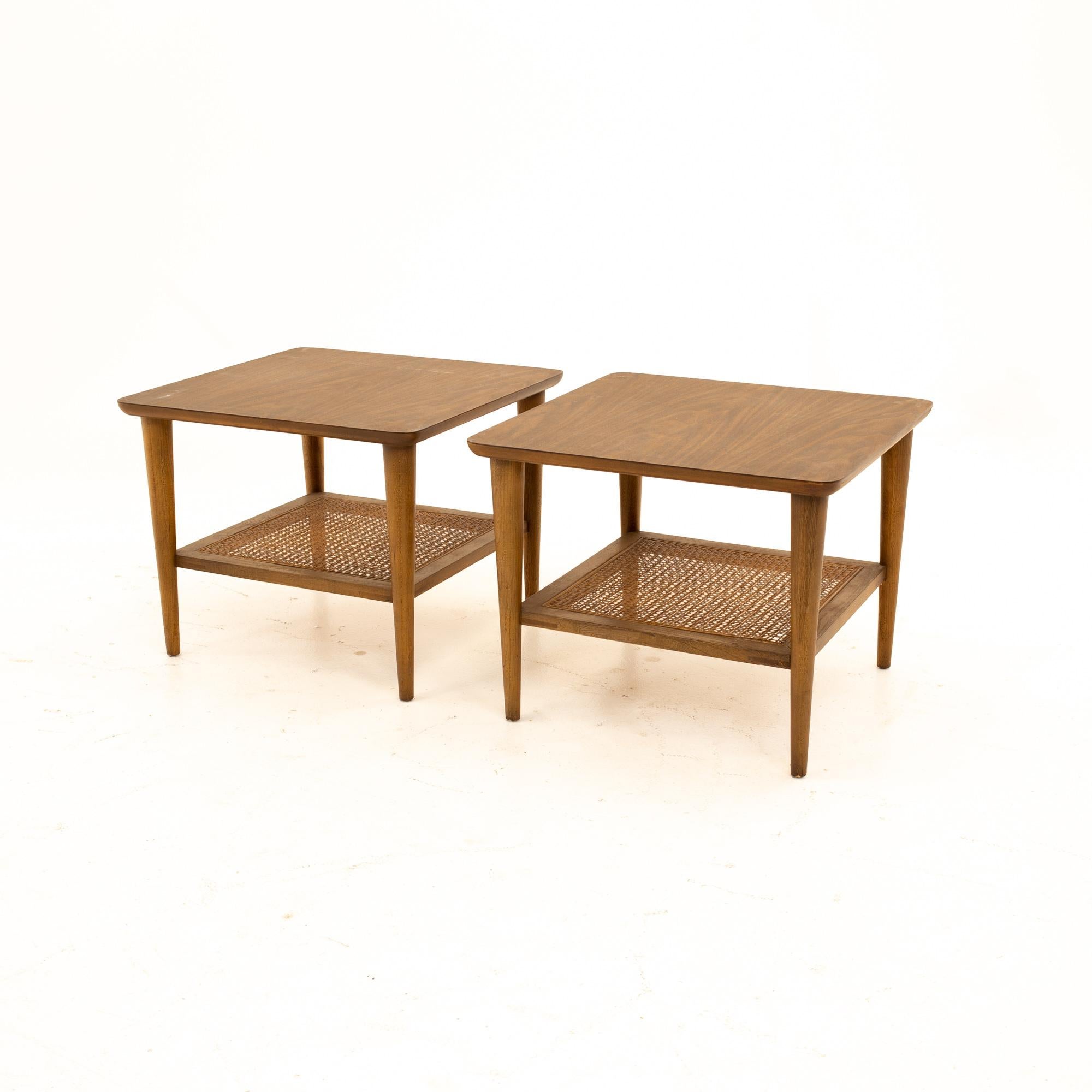 Lane mid century walnut cane and Formica side end tables - pair.
Each table measures: 19 wide x 19 deep x 15 high

All pieces of furniture can be had in what we call restored vintage condition. That means the piece is restored upon purchase so