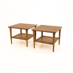 Lane Mid Century Walnut Cane and Formica Side End Tables, Pair