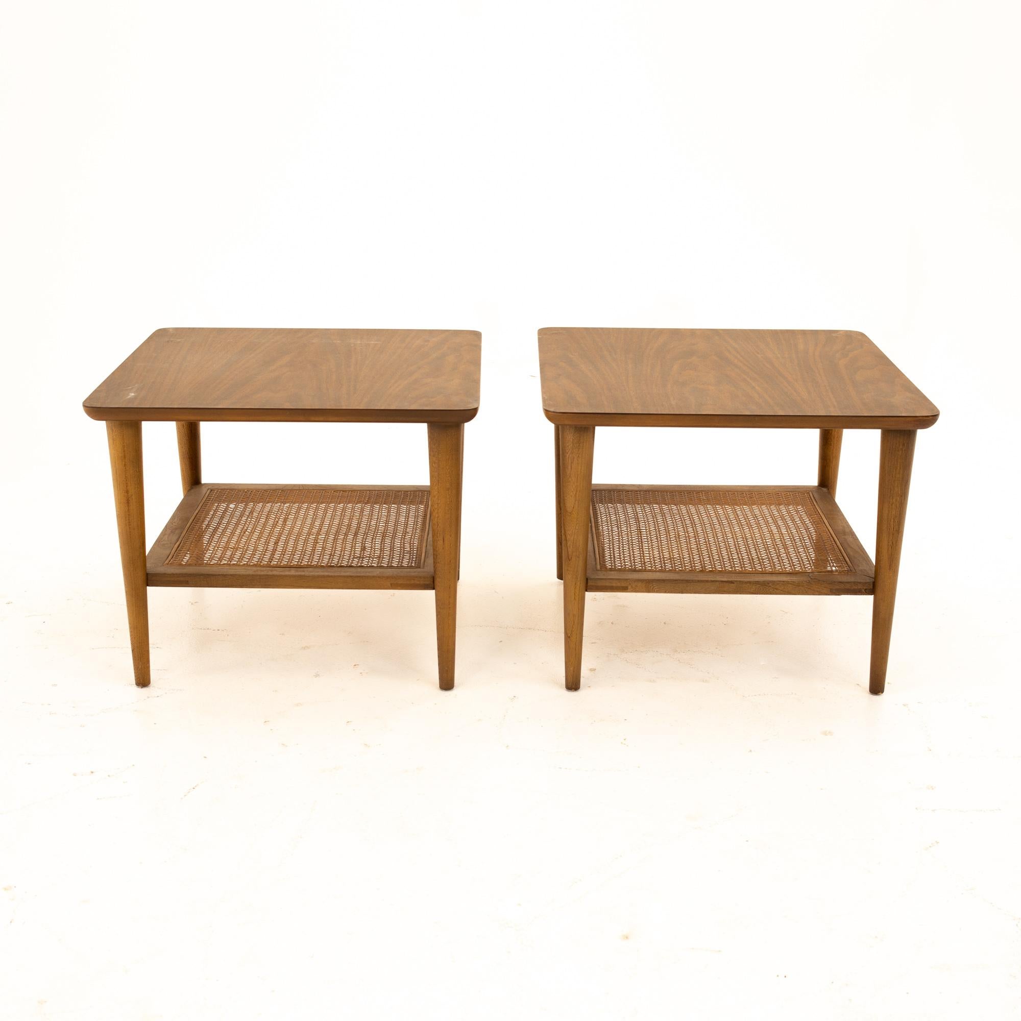Mid-Century Modern Lane Mid Century Walnut Cane and Formica Side End Tables, Pair
