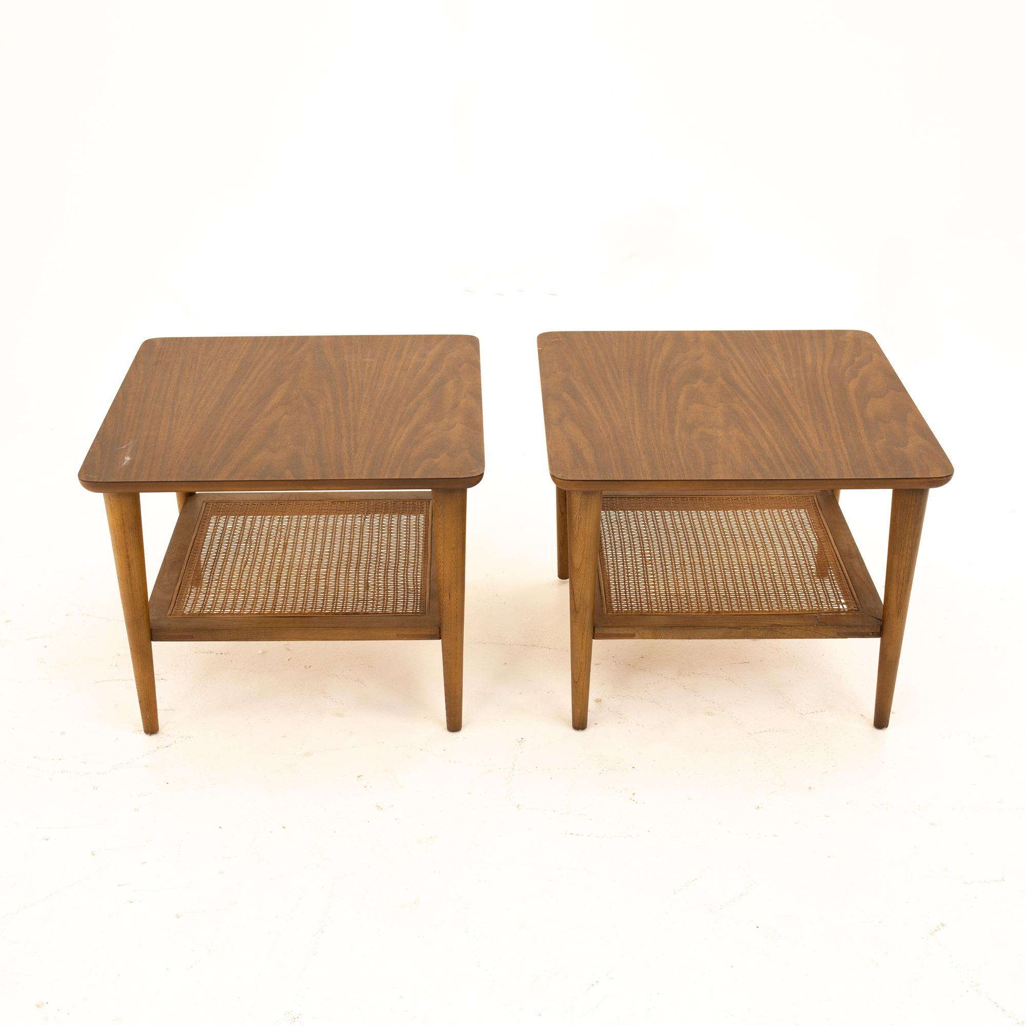 American Lane Mid Century Walnut Cane and Formica Side End Tables, Pair