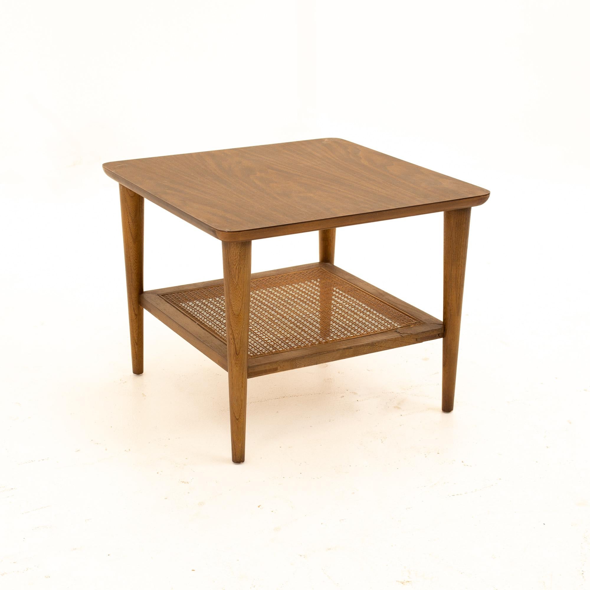 Lane Mid Century Walnut Cane and Formica Side End Tables, Pair In Good Condition In Countryside, IL