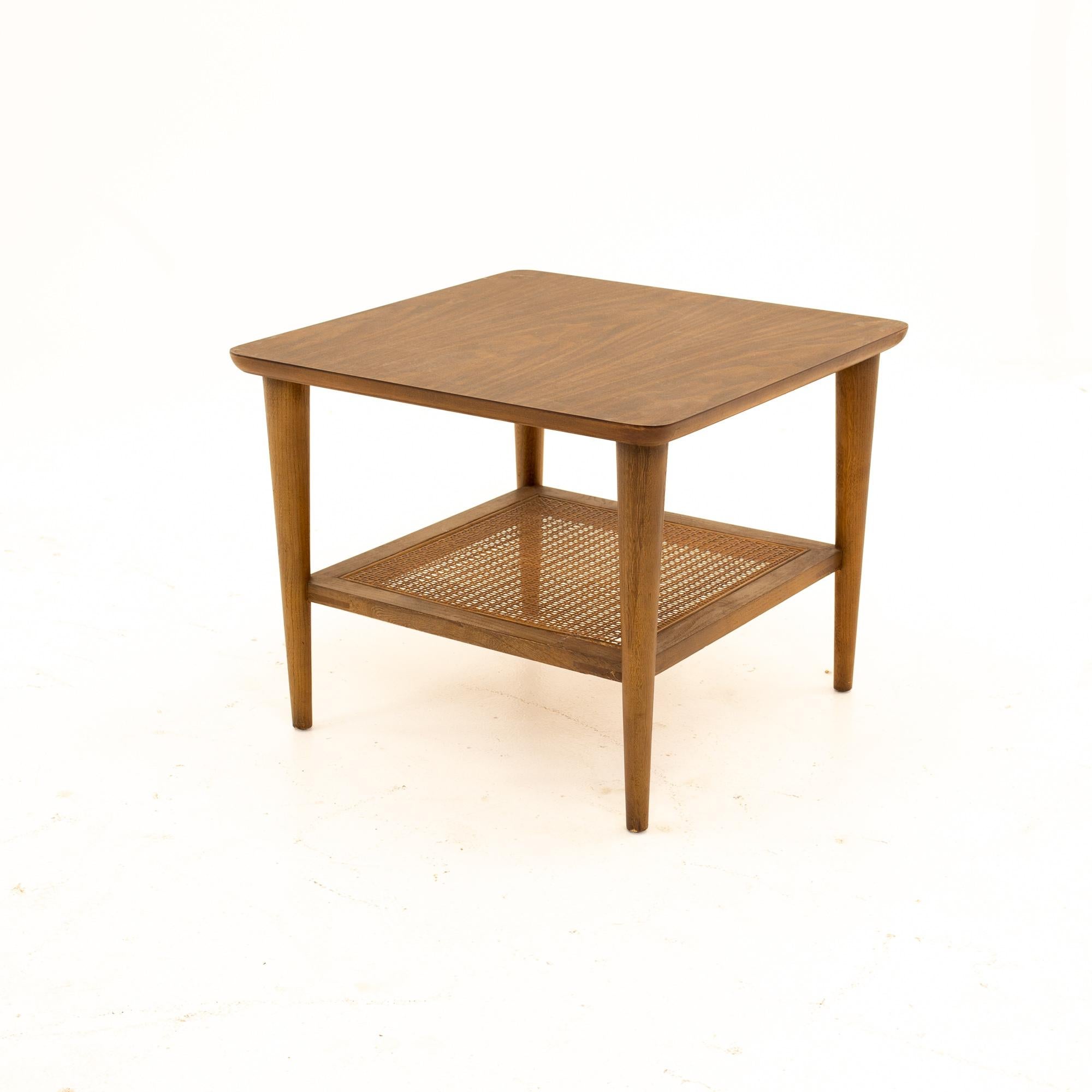 Late 20th Century Lane Mid Century Walnut Cane and Formica Side End Tables, Pair