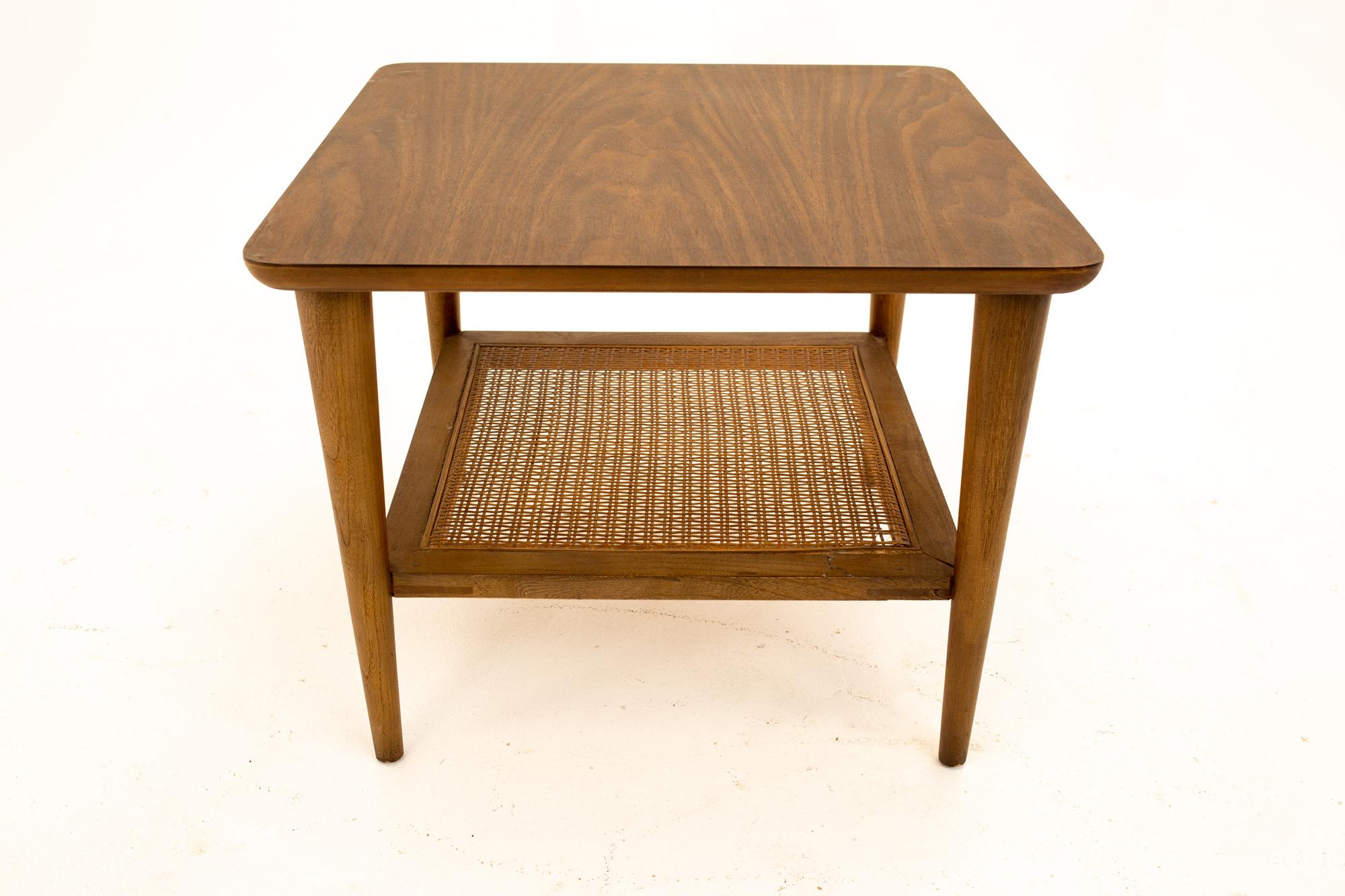Lane Mid Century Walnut Cane and Formica Side End Tables, Pair 2