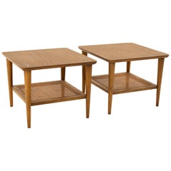 Lane Mid Century Walnut Cane and Formica Side End Tables, Pair