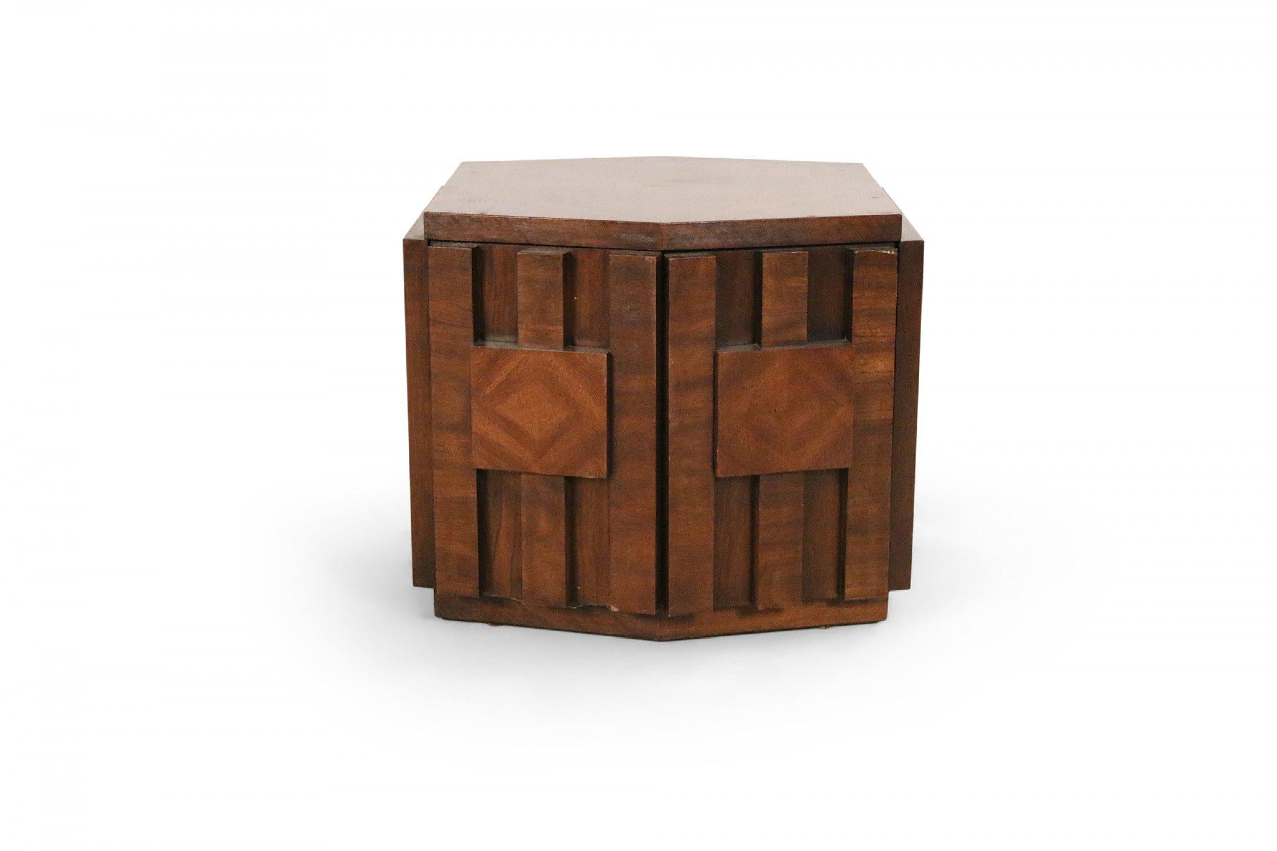 Mid-century square hexagonal top side table cabinet with geometric front panel design (LANE).
        