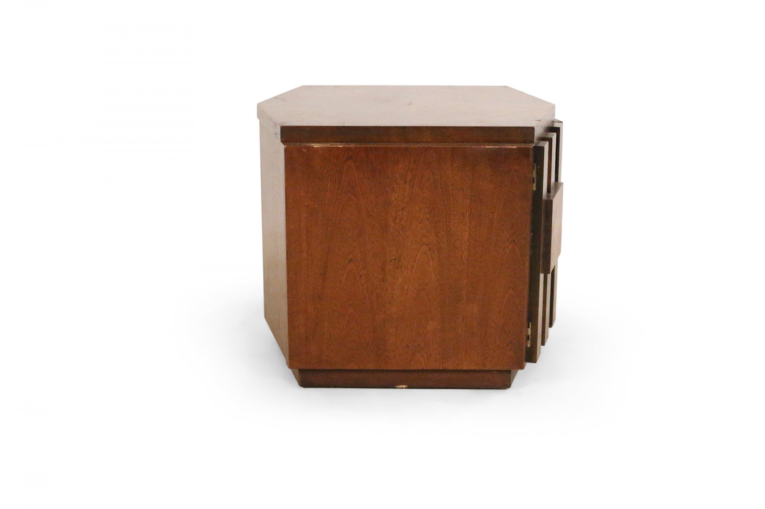 Lane Mid-Century Walnut Hexagonal Side Top Table Cabinet In Good Condition For Sale In New York, NY