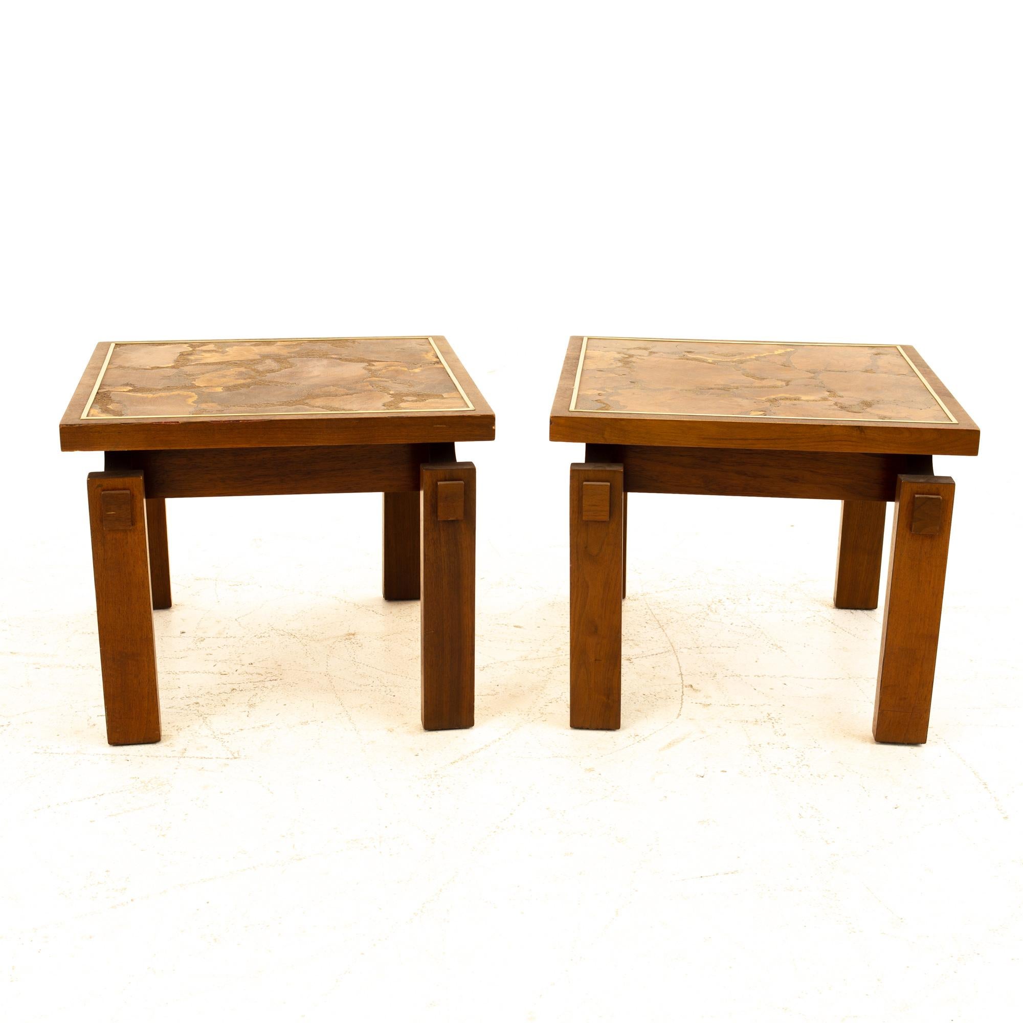 Lane Mid Century Walnut and Live Edge Inlaid Side End Tables, Pair
Each table measures: 20 wide x 20 deep x 16 high

All pieces of furniture can be had in what we call restored vintage condition. That means the piece is restored upon purchase so