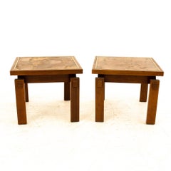Lane Mid Century Walnut and Live Edge Inlaid Side End Tables, Pair