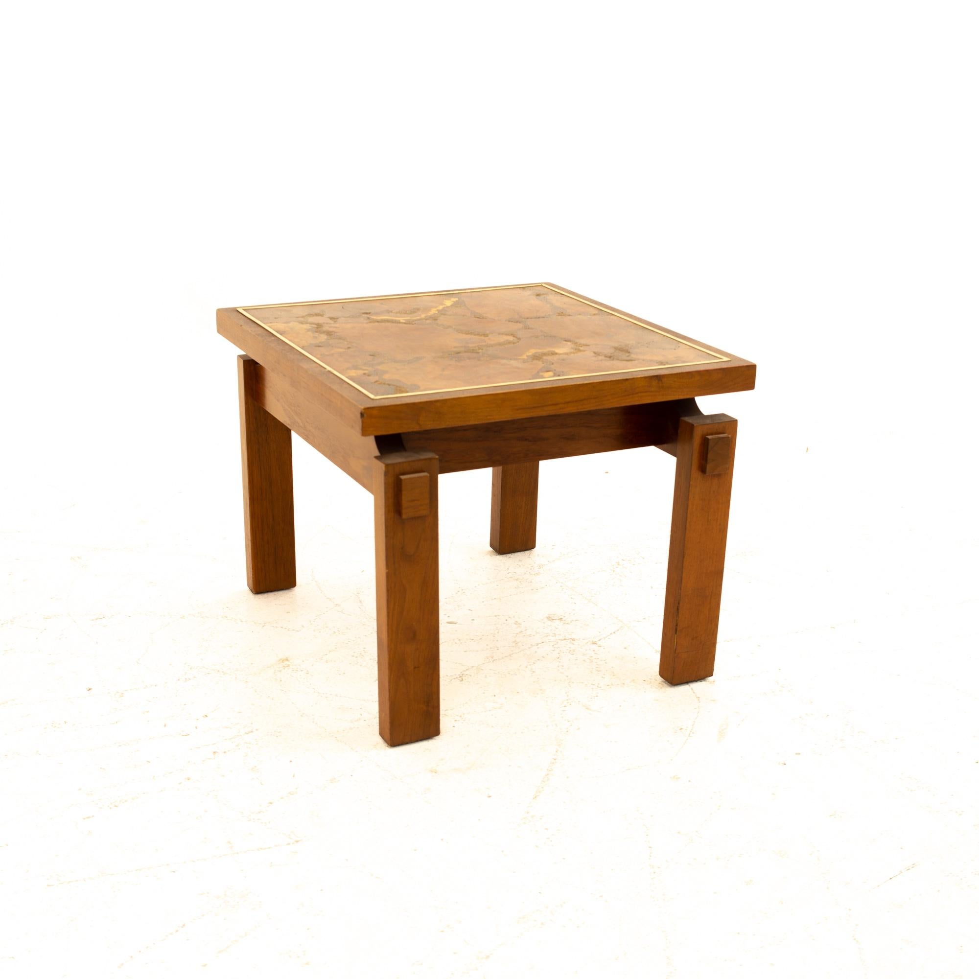 Mid-Century Modern Lane Mid Century Walnut and Live Edge Inlaid Side End Tables, Pair