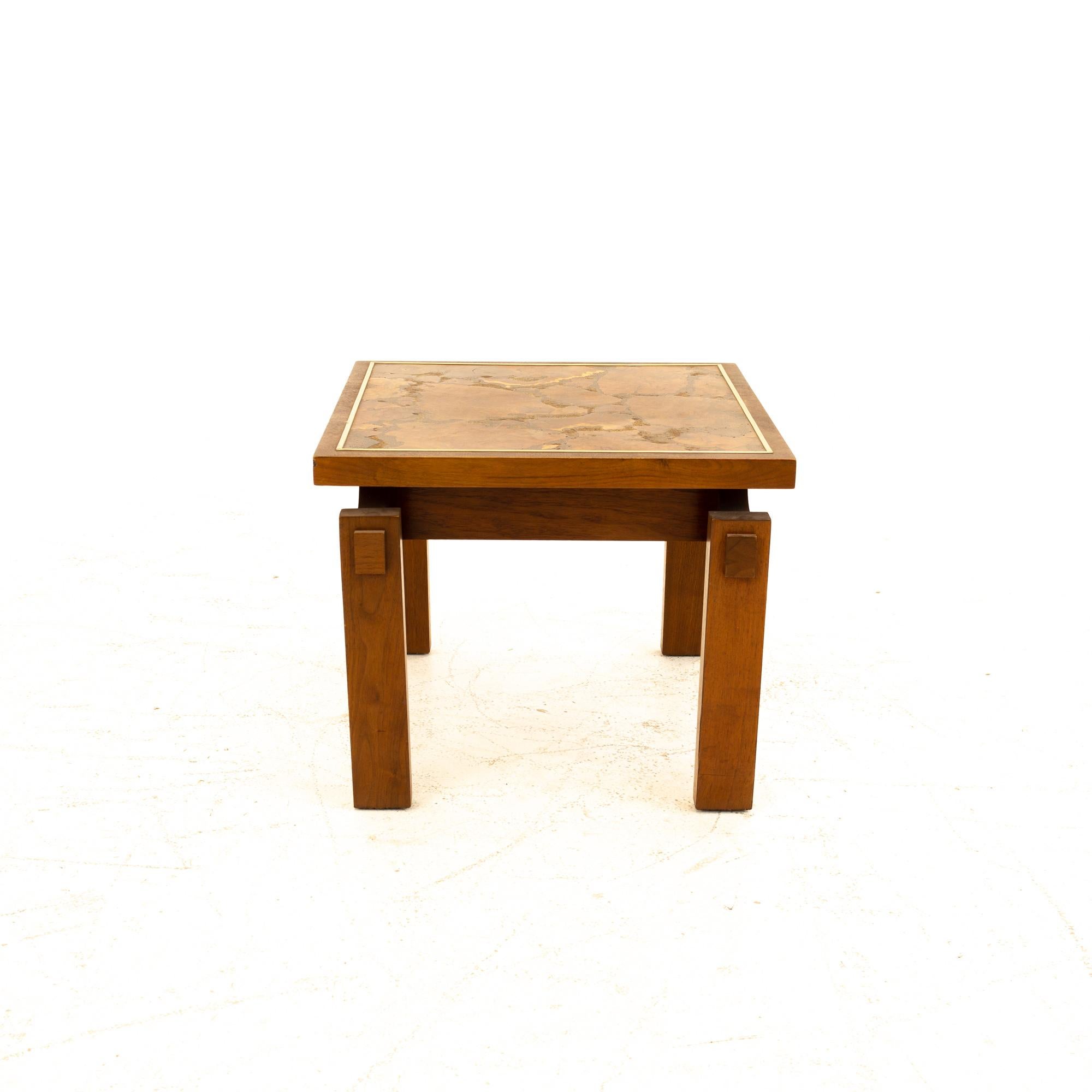 American Lane Mid Century Walnut and Live Edge Inlaid Side End Tables, Pair