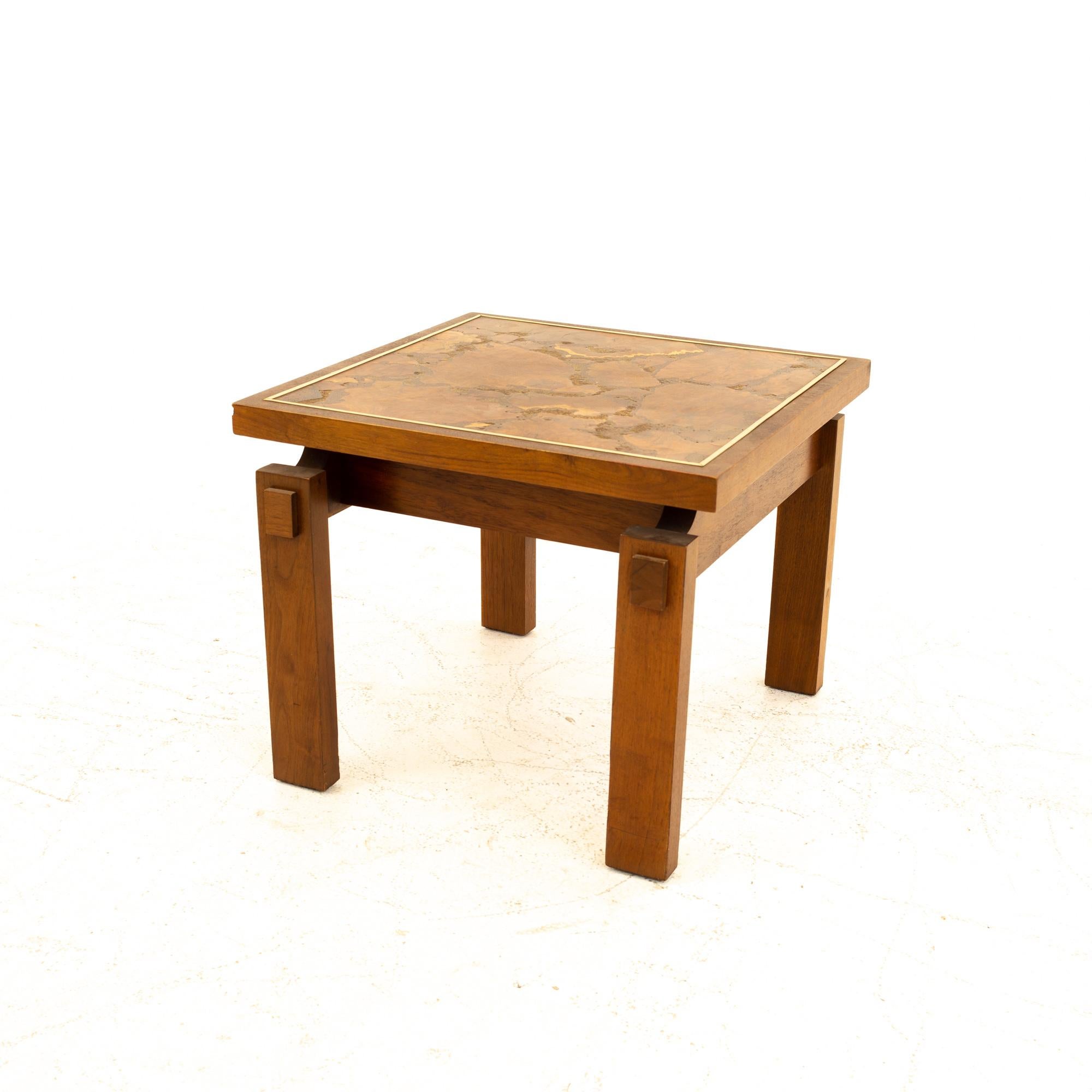 Lane Mid Century Walnut and Live Edge Inlaid Side End Tables, Pair In Good Condition In Countryside, IL