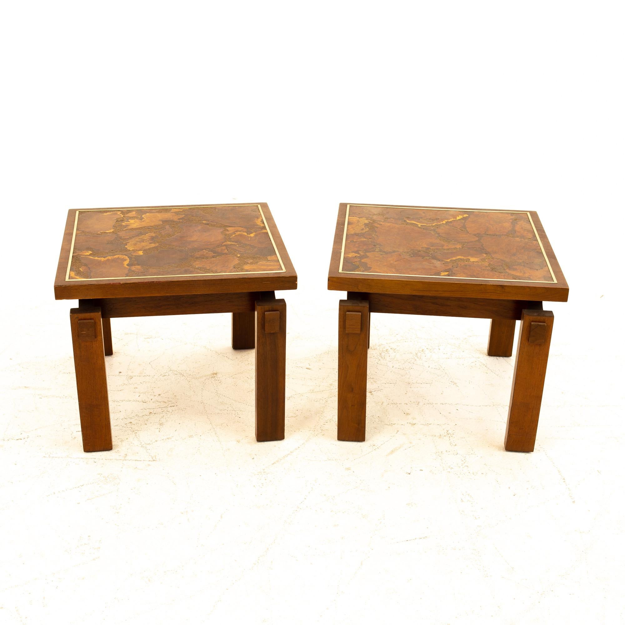 Late 20th Century Lane Mid Century Walnut and Live Edge Inlaid Side End Tables, Pair