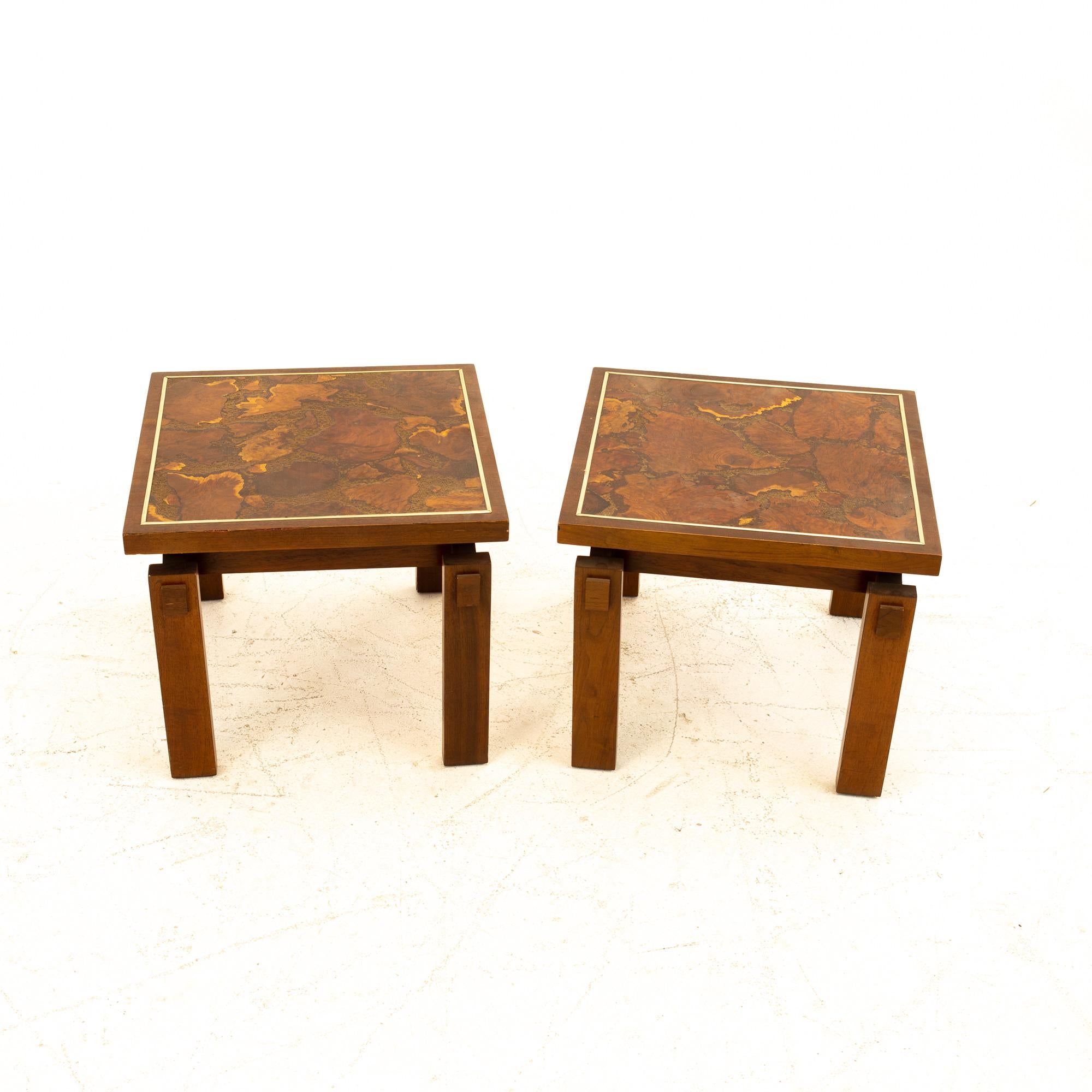 Wood Lane Mid Century Walnut and Live Edge Inlaid Side End Tables, Pair