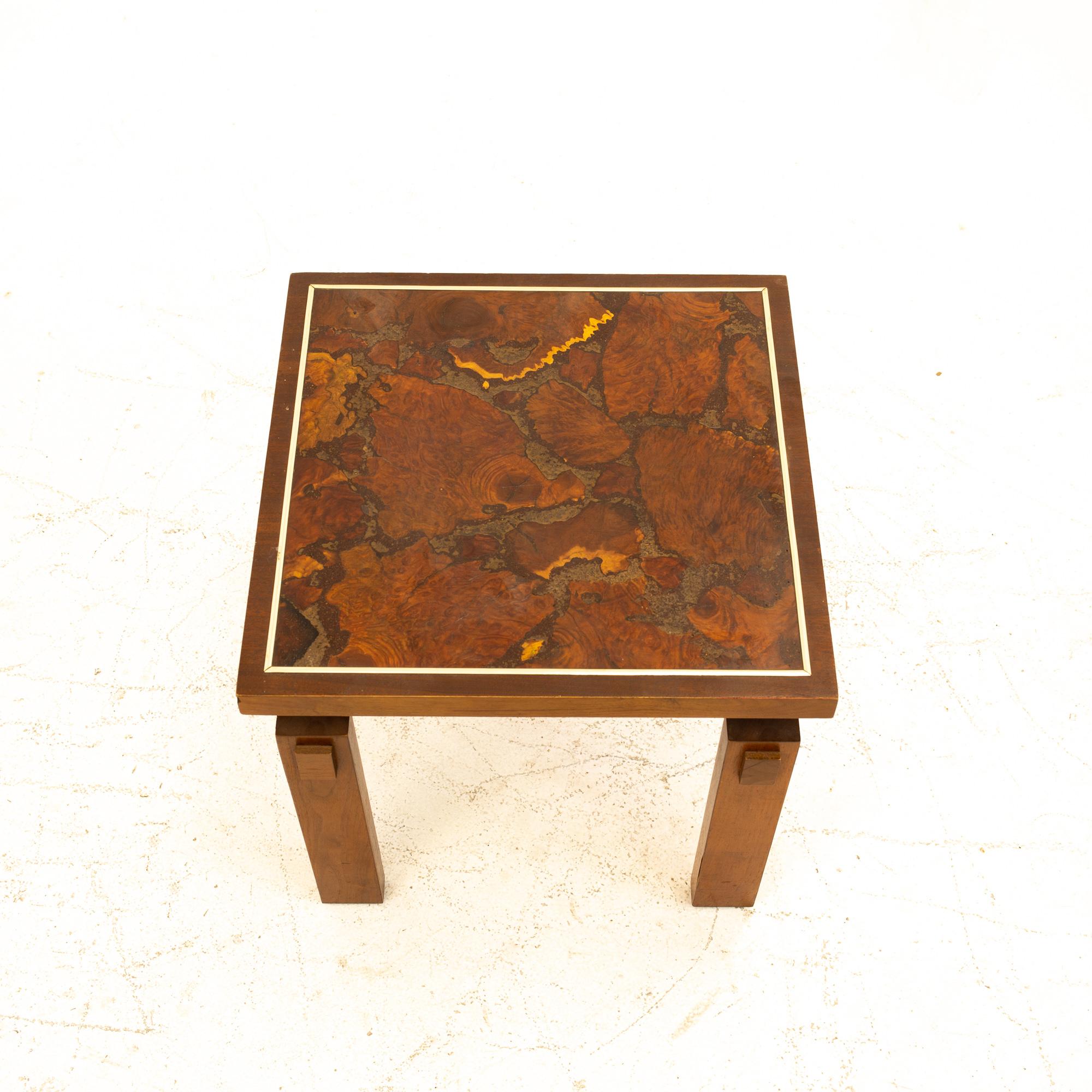 Lane Mid Century Walnut and Live Edge Inlaid Side End Tables, Pair 1