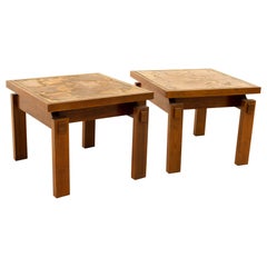 Lane Mid Century Walnut and Live Edge Inlaid Side End Tables, Pair