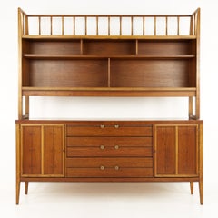 Lane Mid Century Walnut Tuxedo Bow Tie Credenza Buffet with Hutch