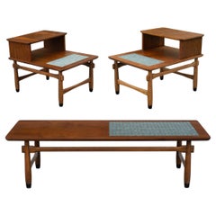 Lane "Monte Carlo" Blue Tile Top and Walnut Coffee and Pair Side Tables Set