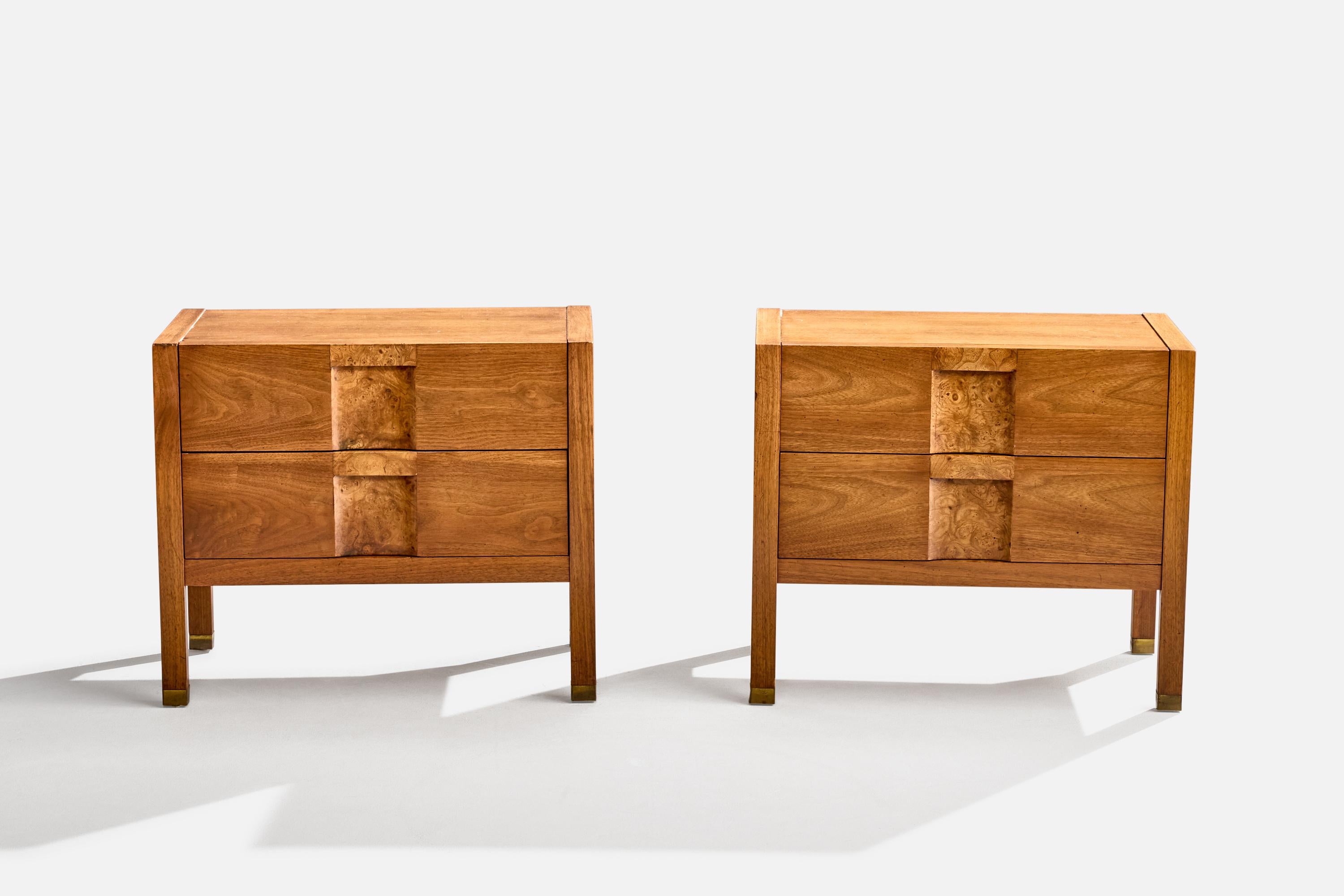A pair of walnut, burl wood and brass nightstands designed and produced in Sweden, c. 1950s.

Overall Dimensions (inches): 22.125