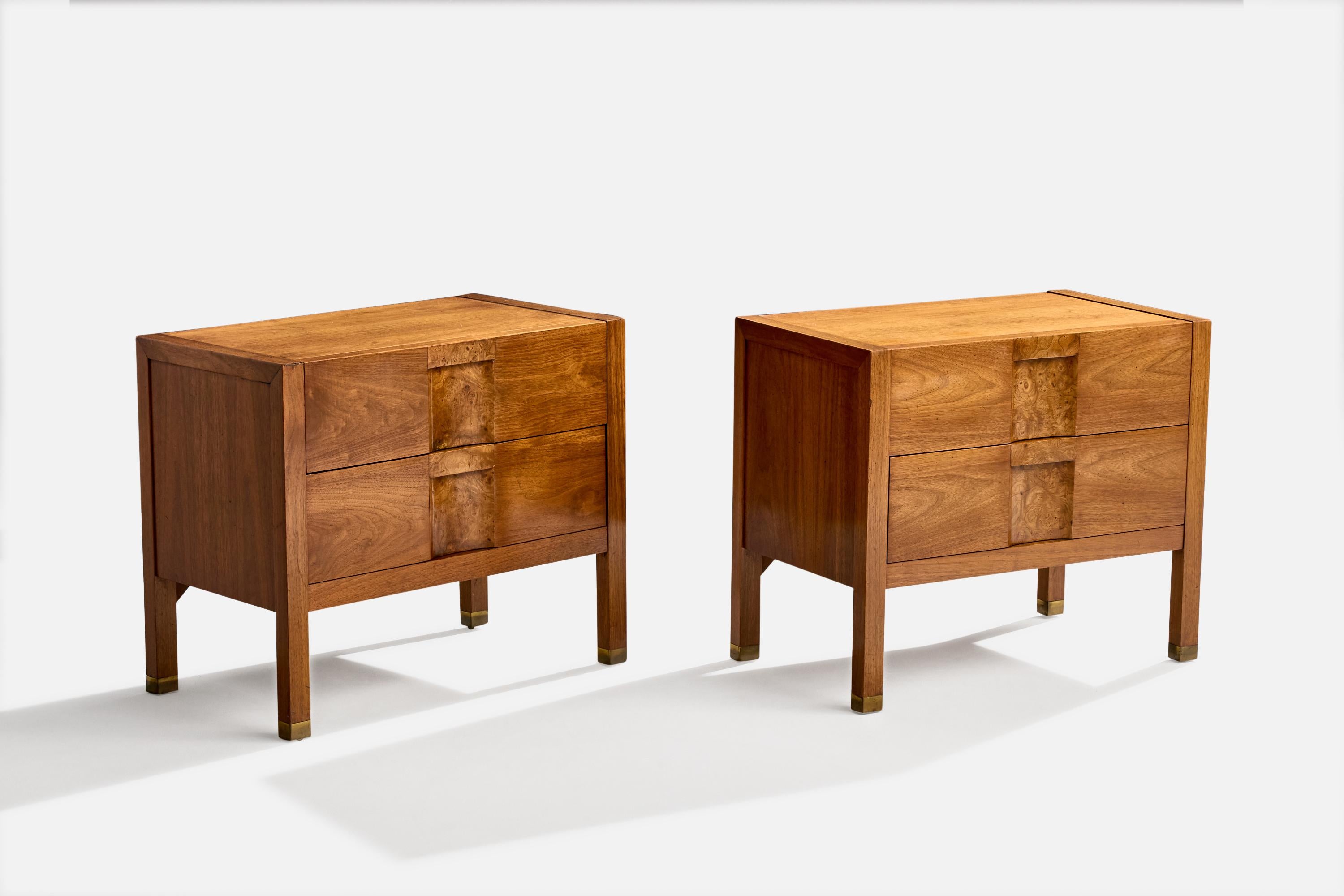 Mid-Century Modern Lane, Nightstands, Walnut, Burl, Brass, Sweden, 1950s For Sale