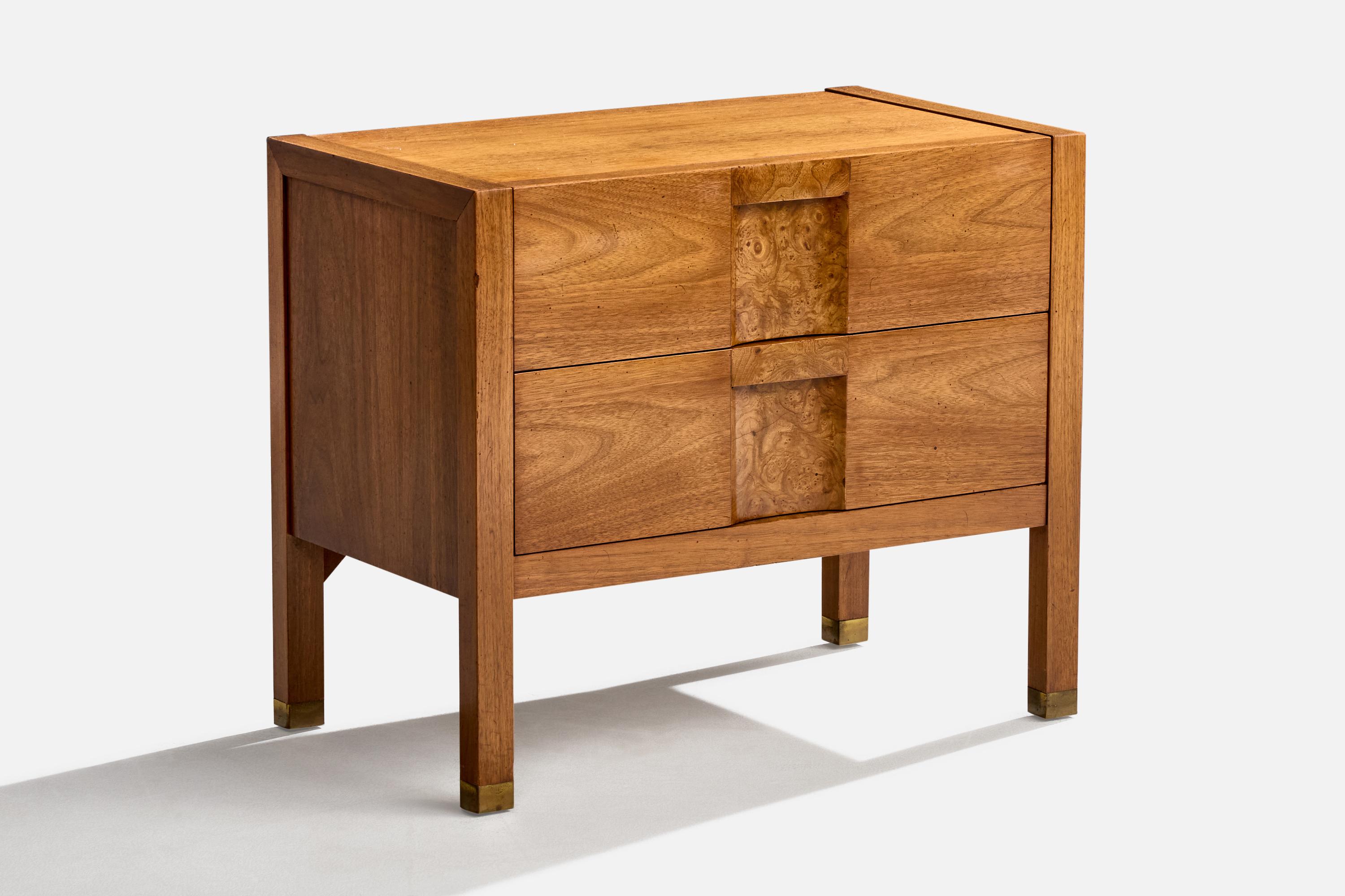 Swedish Lane, Nightstands, Walnut, Burl, Brass, Sweden, 1950s For Sale