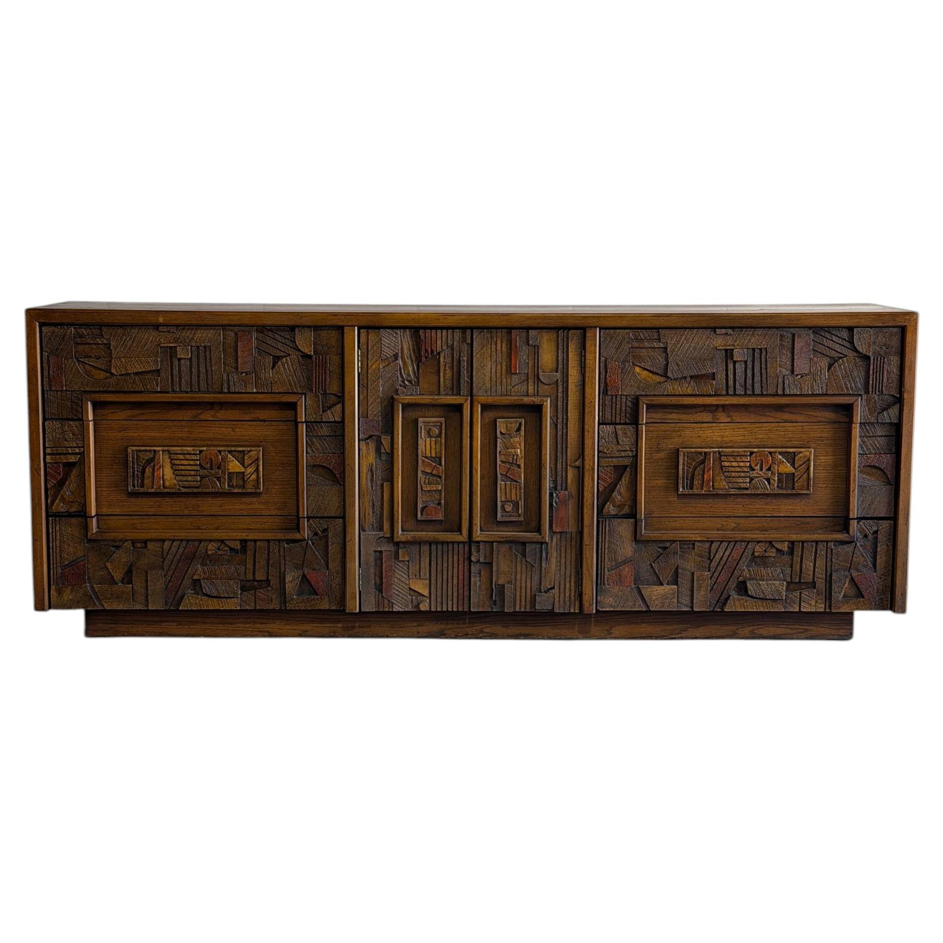 Lane Oak Credenza Brutalist Wooden Sideboard Large Storage MCM 1970s For Sale