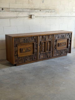 Lane Oak Credenza Brutalist Wooden Sideboard Large Storage MCM 1970s