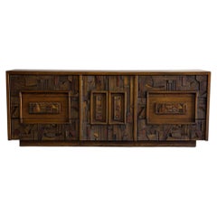 Lane Oak Credenza Brutalist Wooden Sideboard Large Storage MCM 1970s