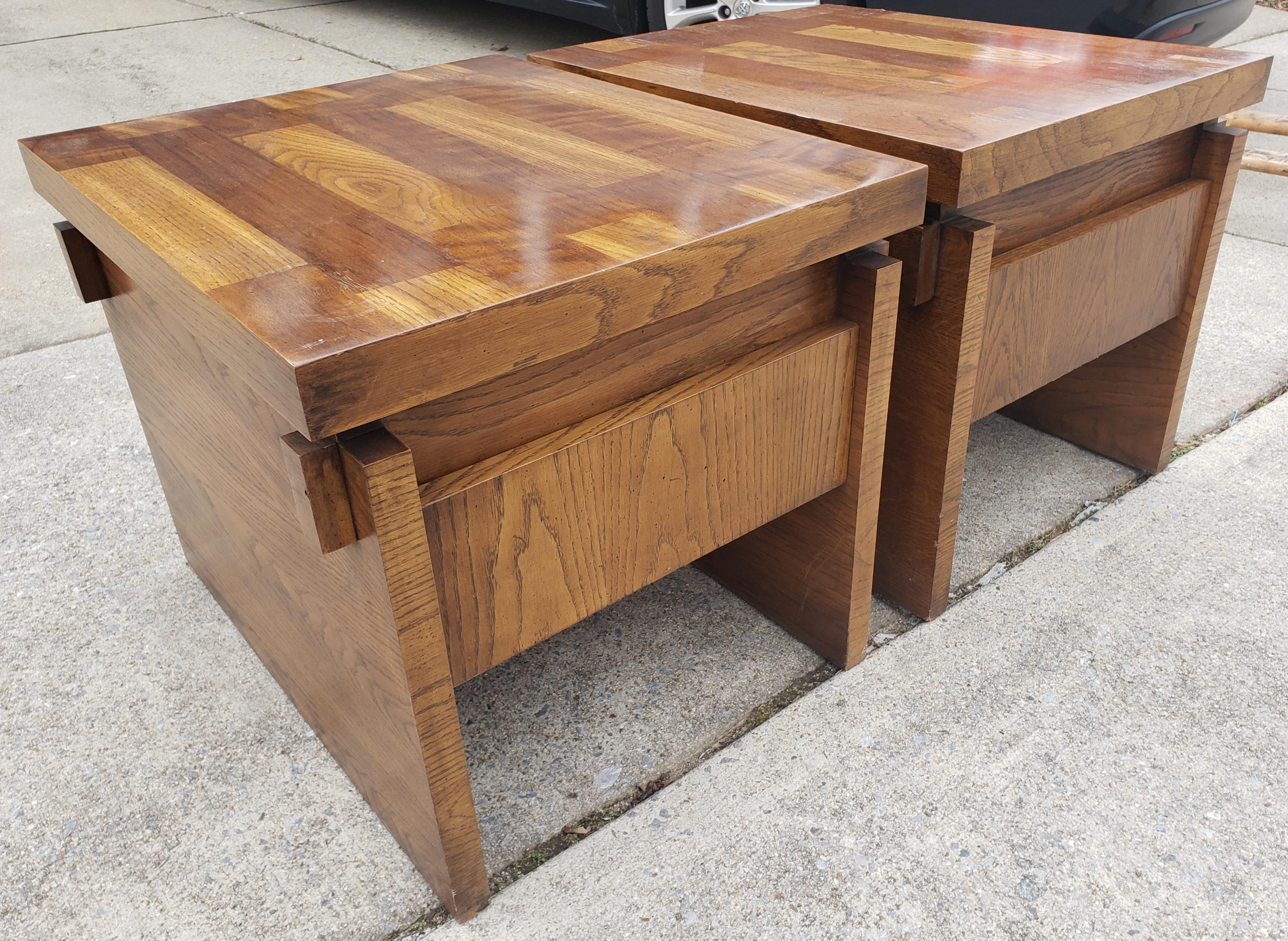 Lane One Drawer Brutalist Chunky  Oak Parquetry Side Tables Circa 1970s, a Pair  13