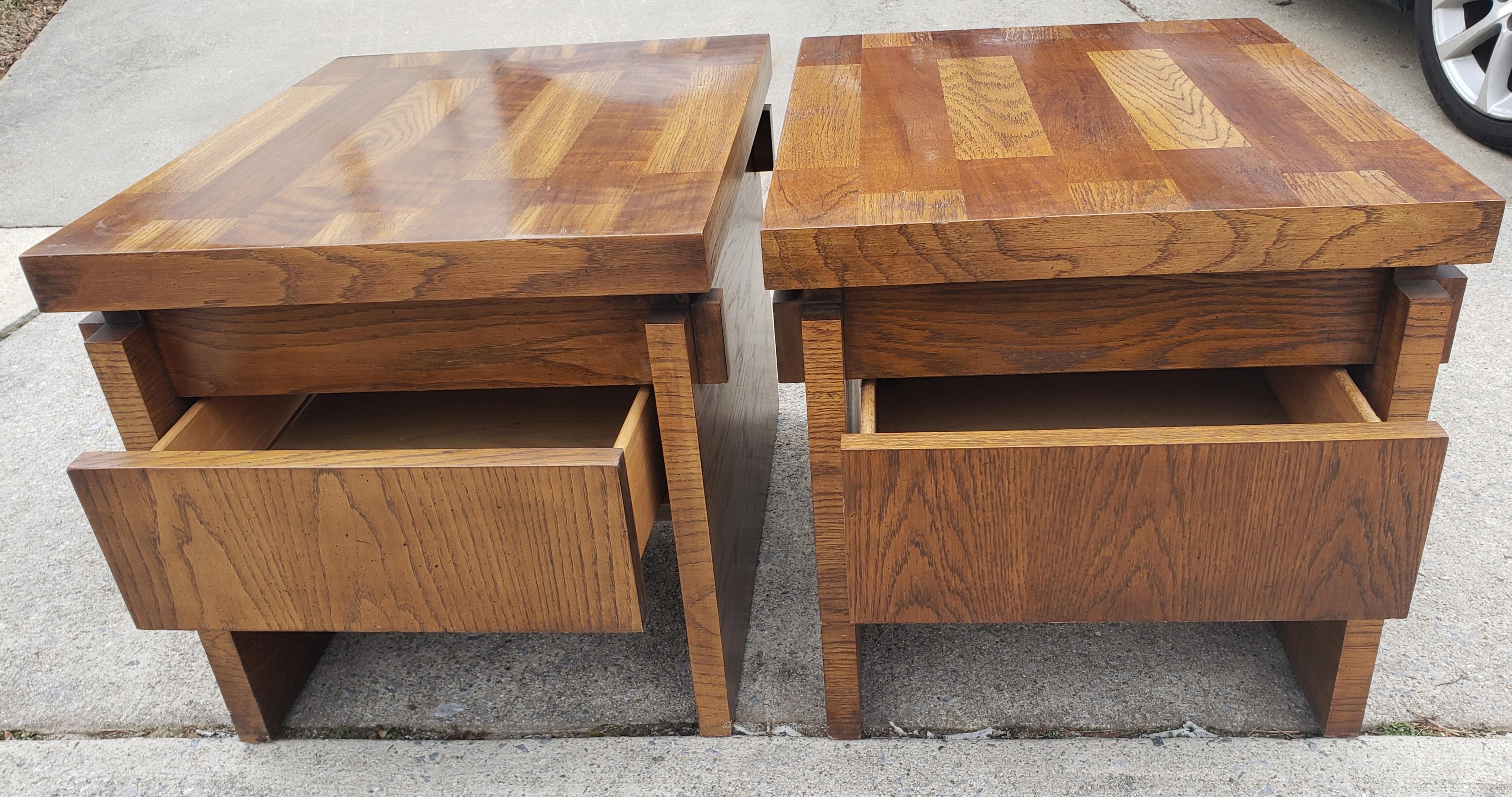 Lane One Drawer Brutalist Chunky  Oak Parquetry Side Tables Circa 1970s, a Pair  12