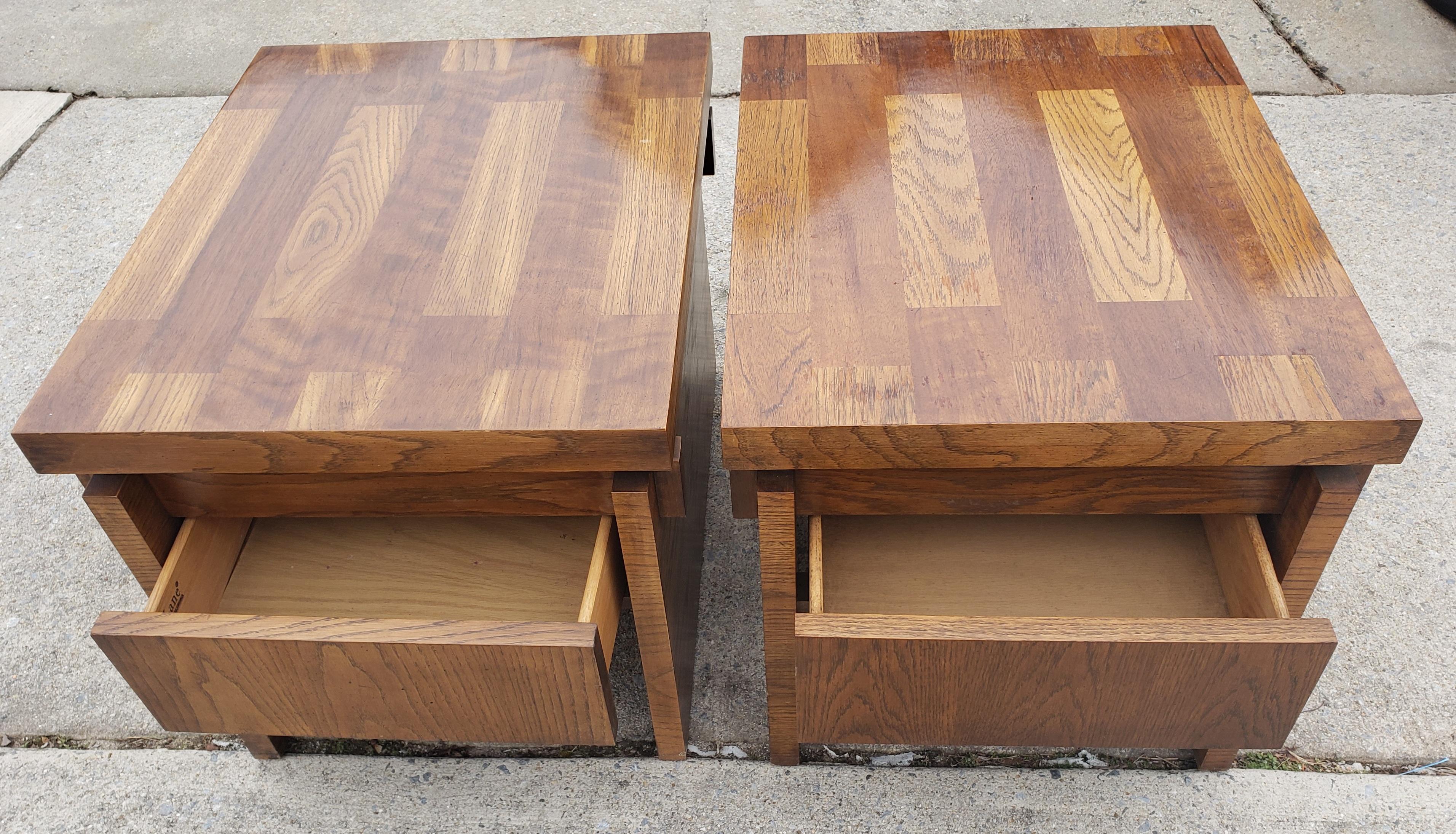 20th Century Lane One Drawer Brutalist Chunky  Oak Parquetry Side Tables Circa 1970s, a Pair 