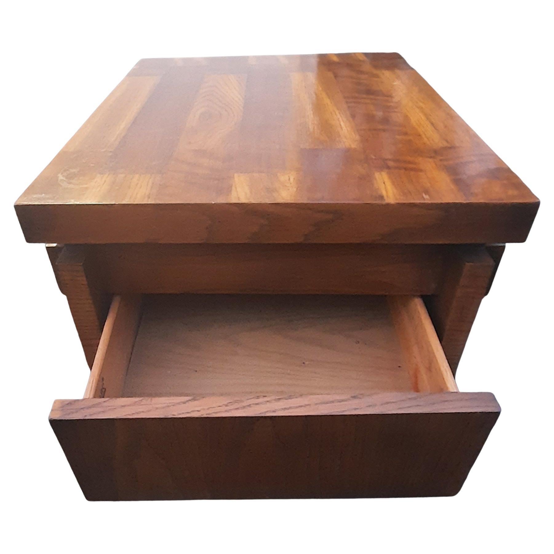 Lane One Drawer Brutalist Chunky  Oak Parquetry Side Tables Circa 1970s, a Pair  4